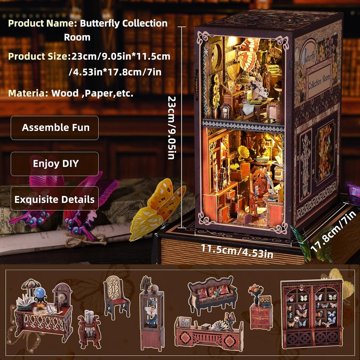 DIY Book Nook Kit 3D Wooden Puzzle (Butterfly Collection Room)