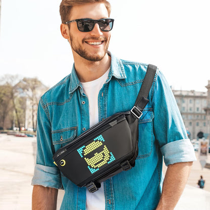 Pixel crossbody bag for men, black single shoulder bag, cycling backpack, messenger bag, LED chest bag.