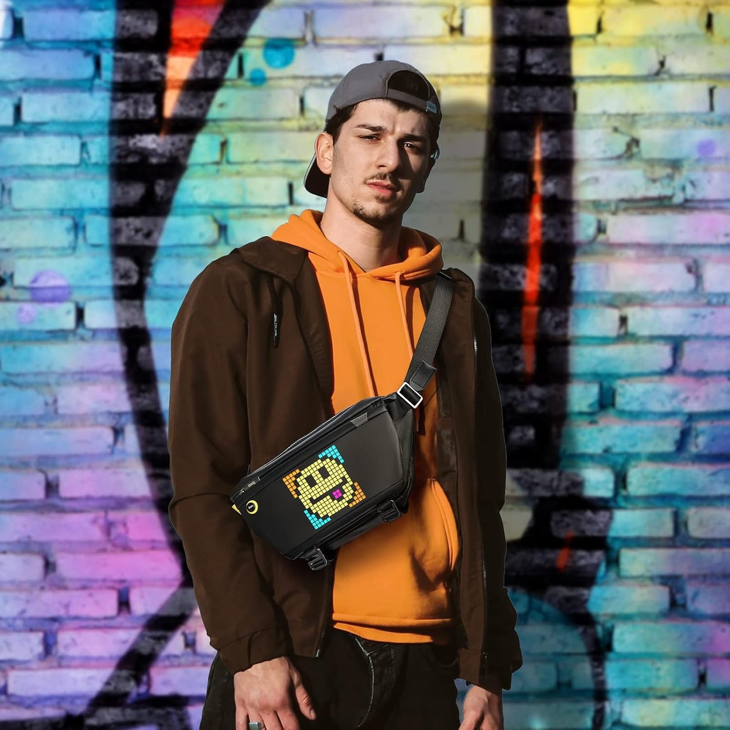 Pixel crossbody bag for men, black single shoulder bag, cycling backpack, messenger bag, LED chest bag.